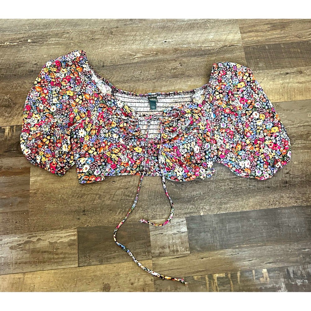 Wild Fable Multicolor Floral Smocked Puff Sleeve Tie Front Crop Top L